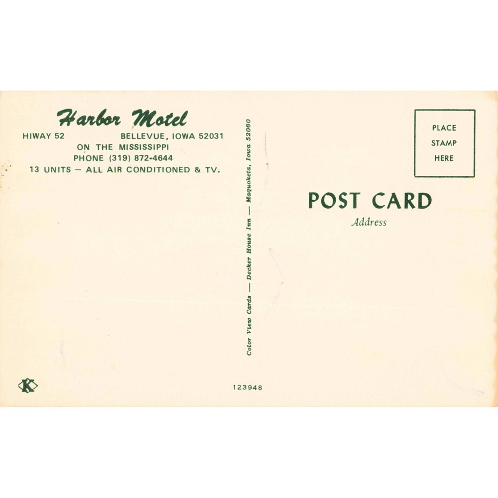 Harbor Motel Bellevue Iowa IA Mississippi River Highway 52 Chrome Postcard - Picture 2 of 2